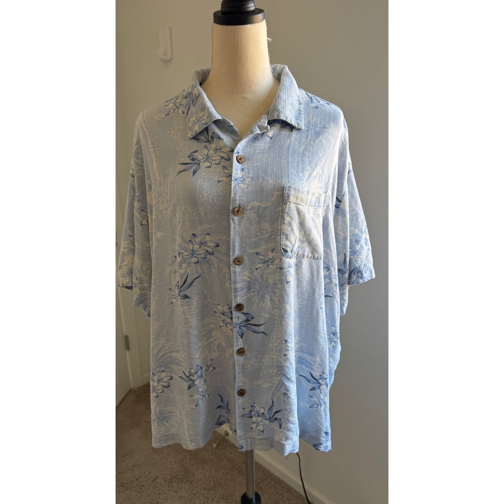 Caribbean Light Blue Silk Floral Damask Aloha Button Down Short Sleeve Shirt XXL